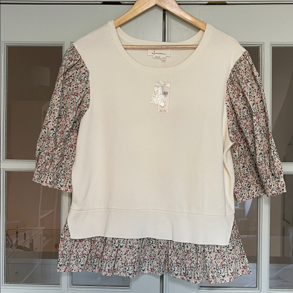 Anthropologie Layered Poplin-Sleeve Sweater | Size XL | Ivory, with Pink & Green - Picture 3 of 7